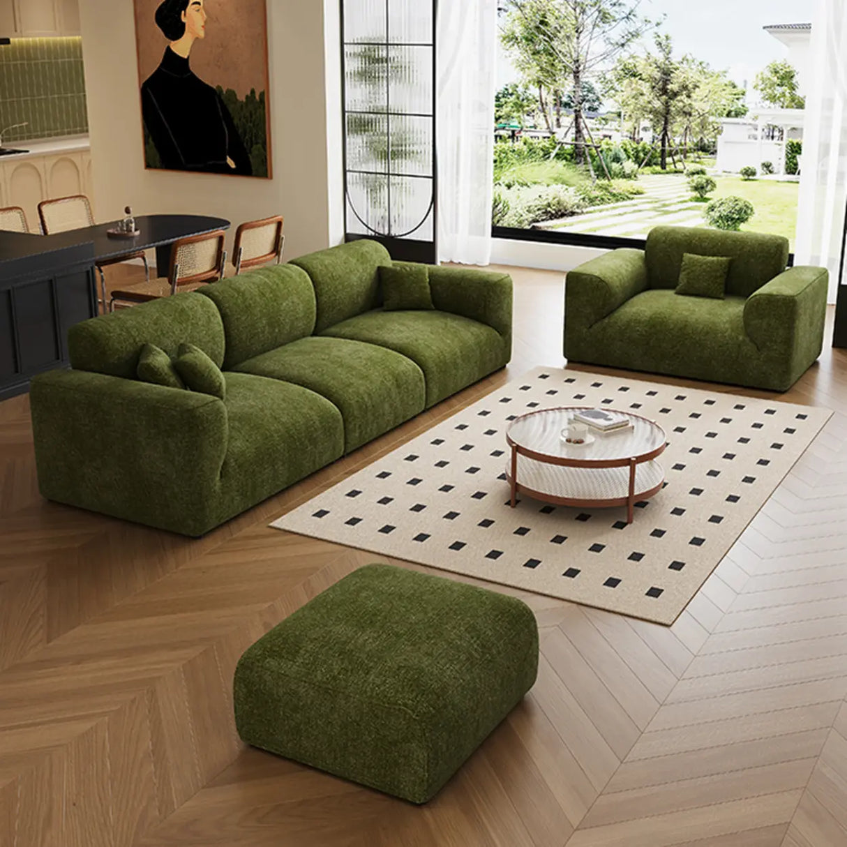 Mid-Century Modern Armrest Olive Green Chenille Plush Sofa Image - 4