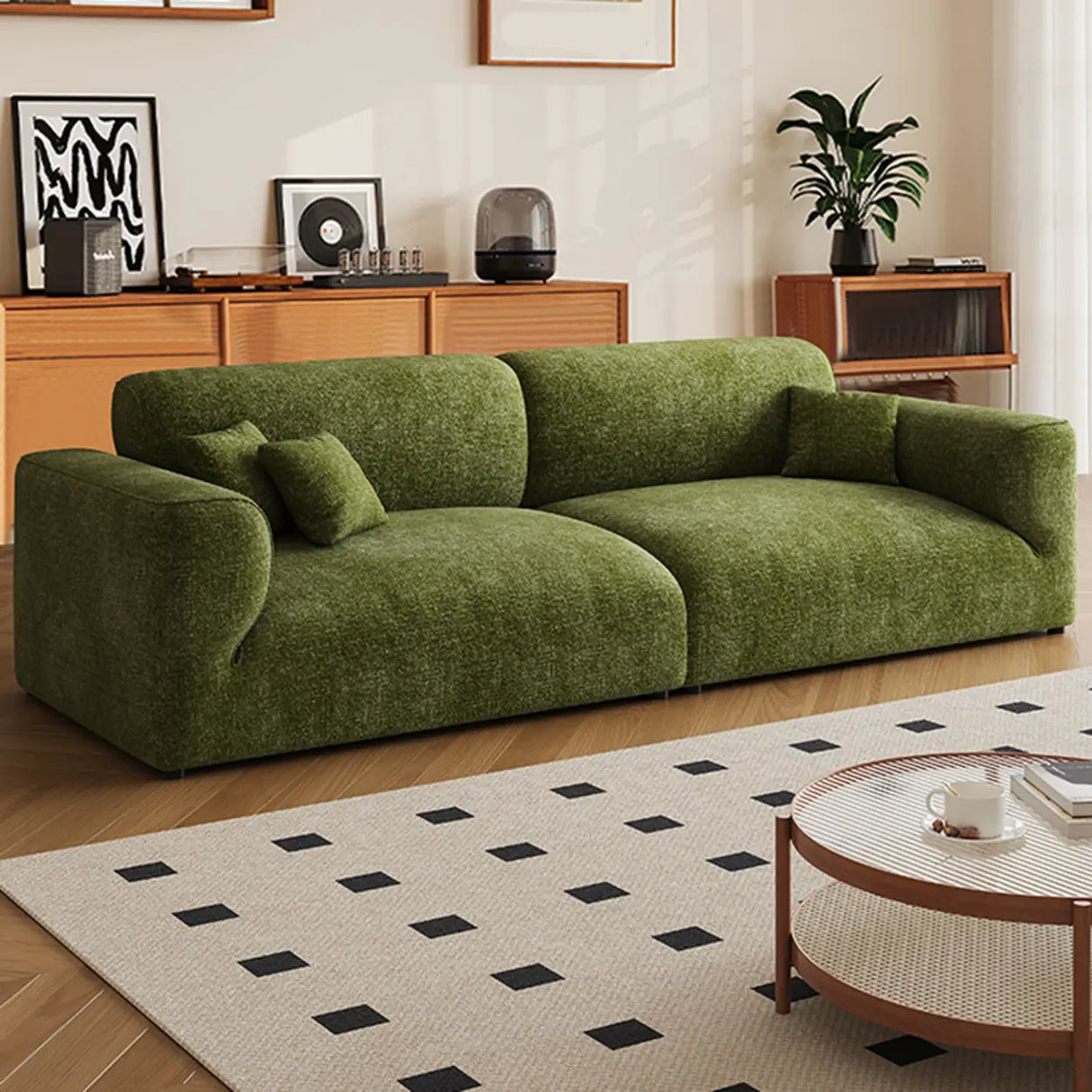 Mid-Century Modern Armrest Olive Green Chenille Plush Sofa Image - 6