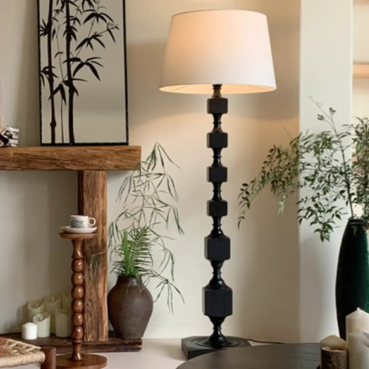 Mid-Century Modern Barrel Fabric Black Wood Floor Lamp Image - 5