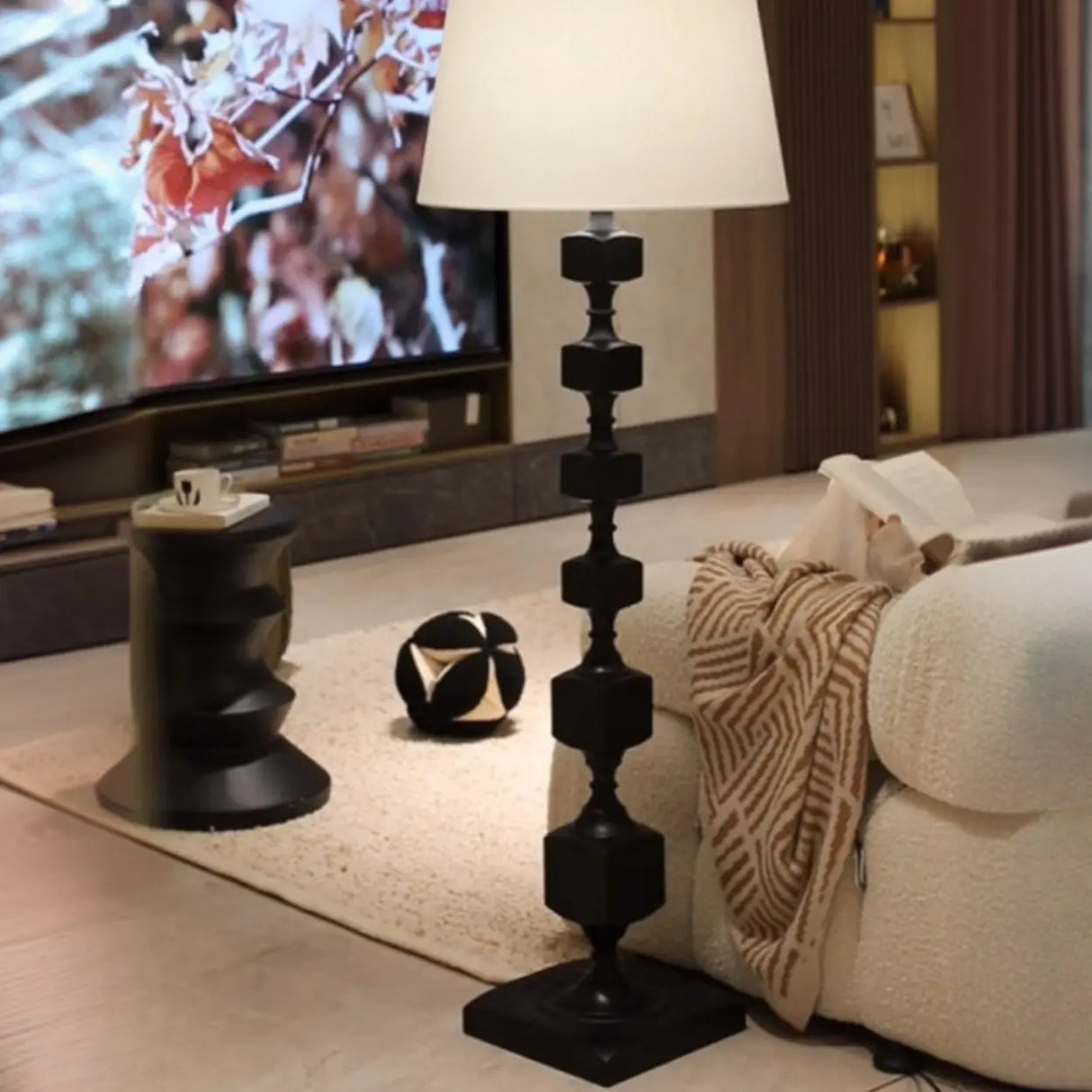 Mid-Century Modern Barrel Fabric Black Wood Floor Lamp Image - 6