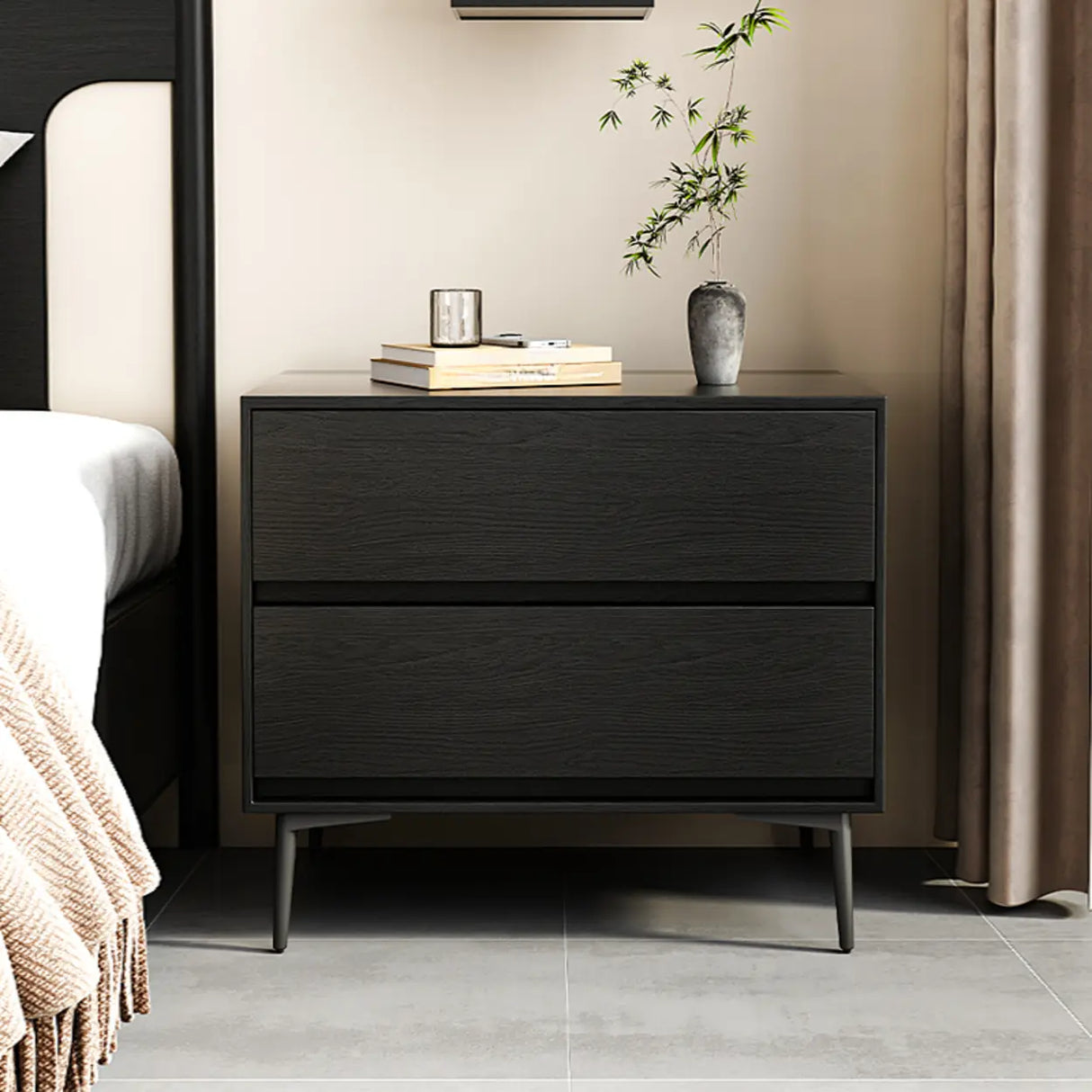 Mid-Century Modern Black 2-Drawer Wood Nightstand Image - 1