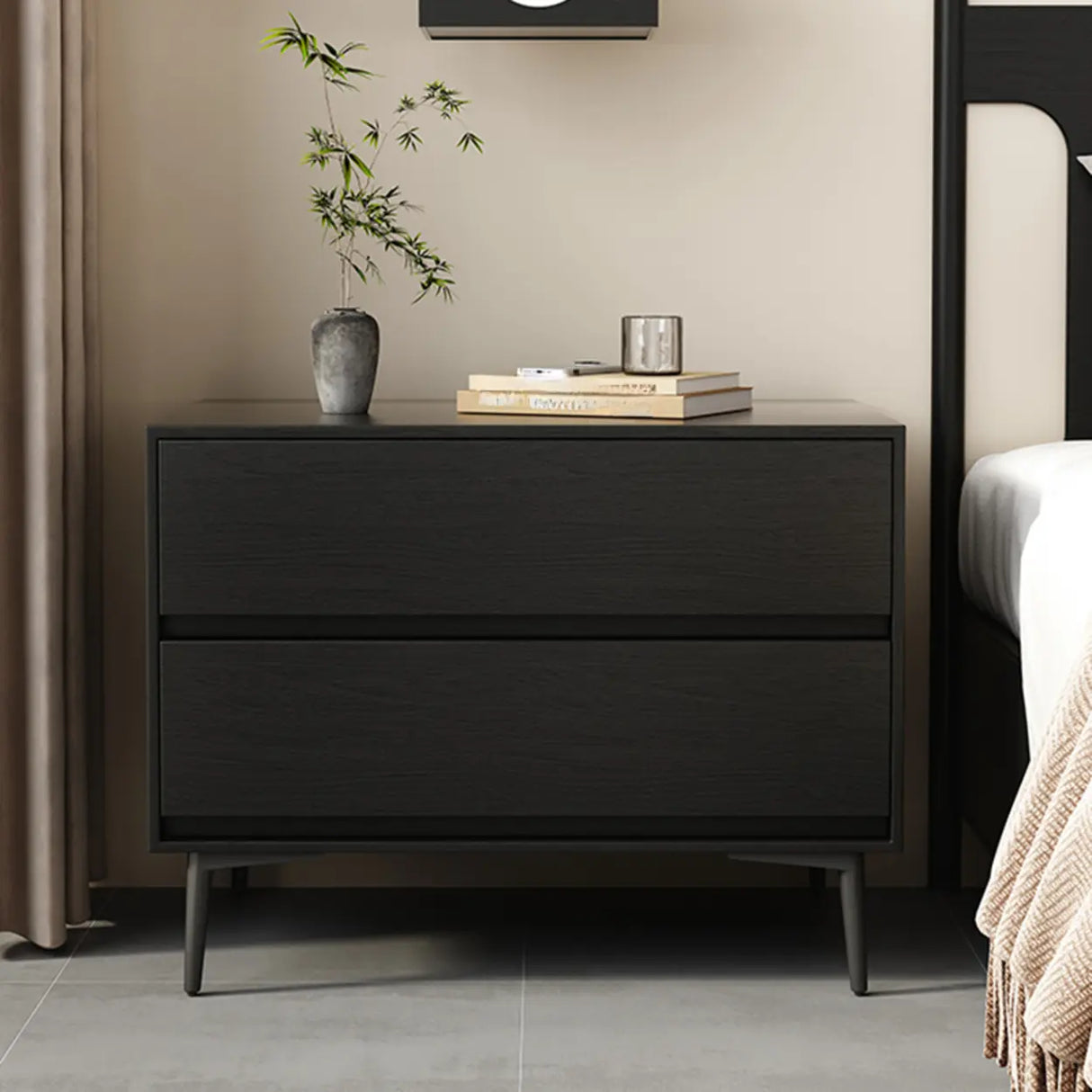 Mid-Century Modern Black 2-Drawer Wood Nightstand Image - 2