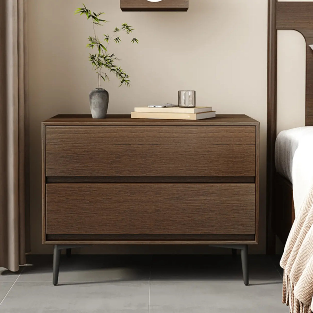 Mid-Century Modern Black 2-Drawer Wood Nightstand Image - 3