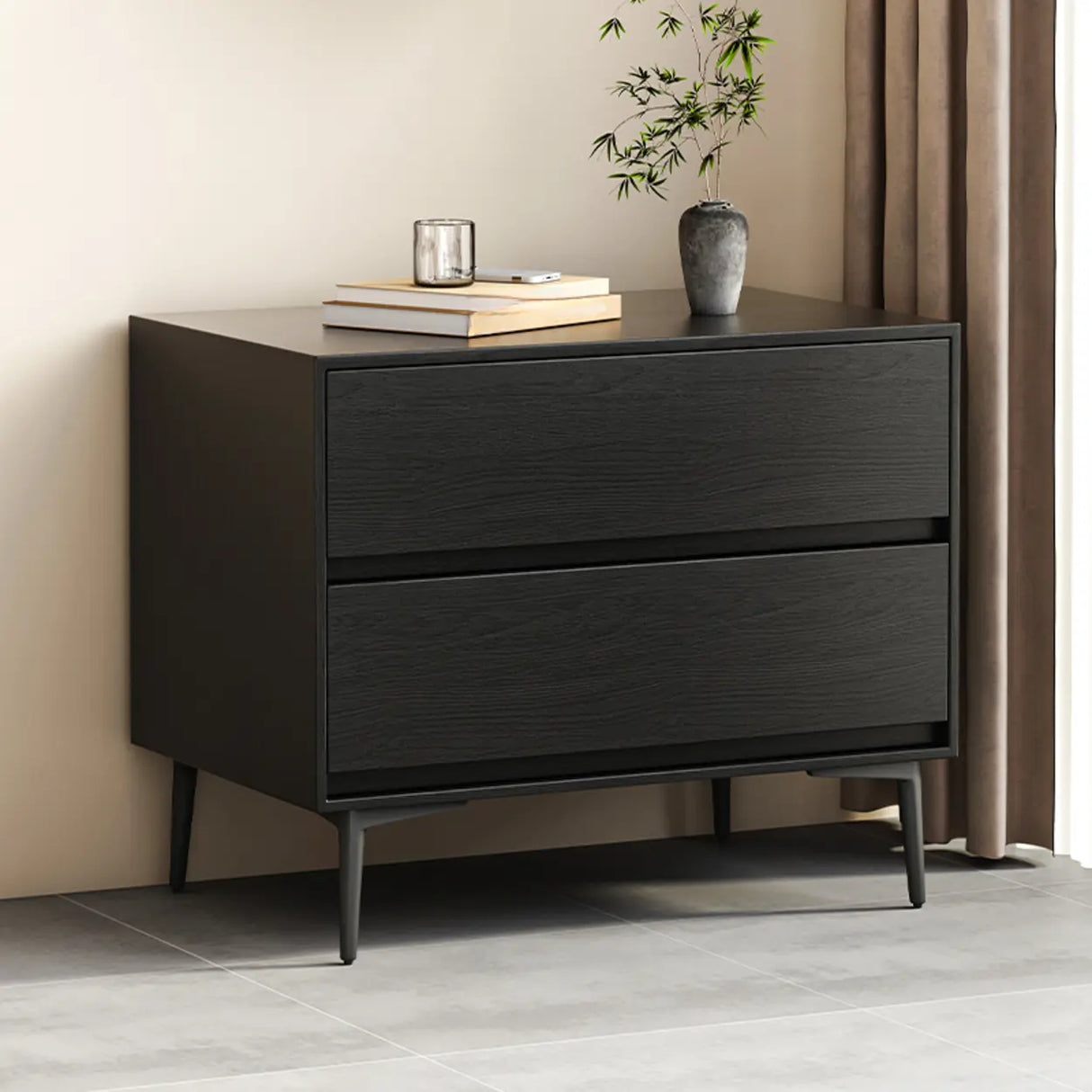 Mid-Century Modern Black 2-Drawer Wood Nightstand Image - 4