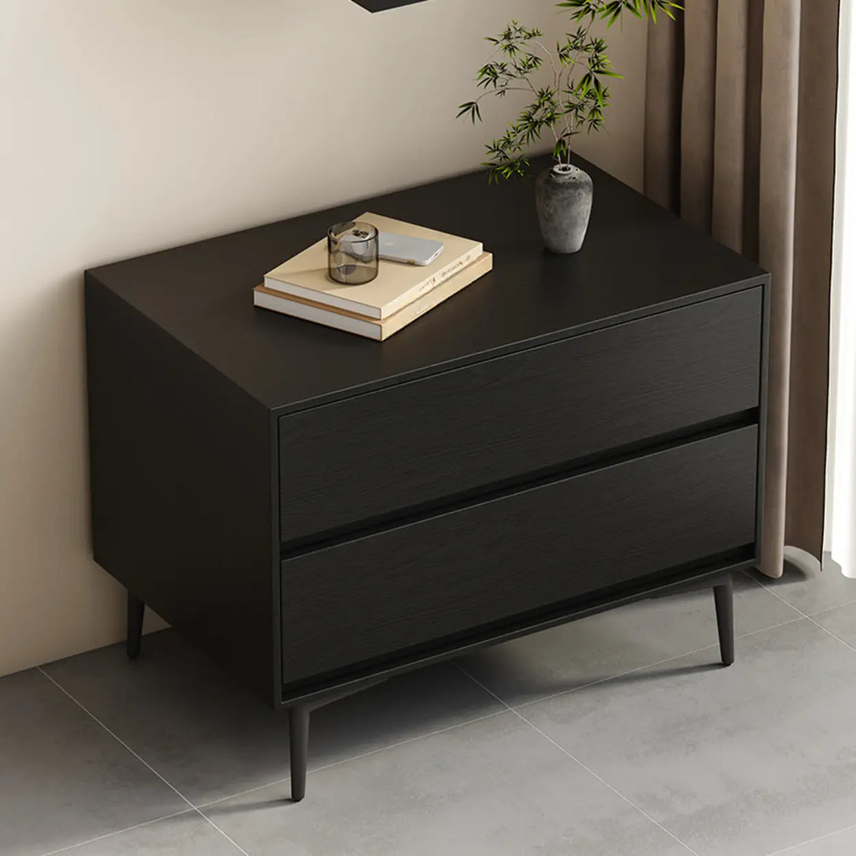 Mid-Century Modern Black 2-Drawer Wood Nightstand Image - 6