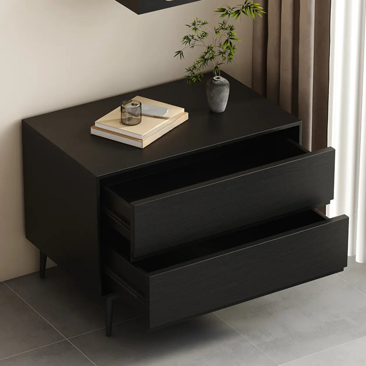 Mid-Century Modern Black 2-Drawer Wood Nightstand Image - 7