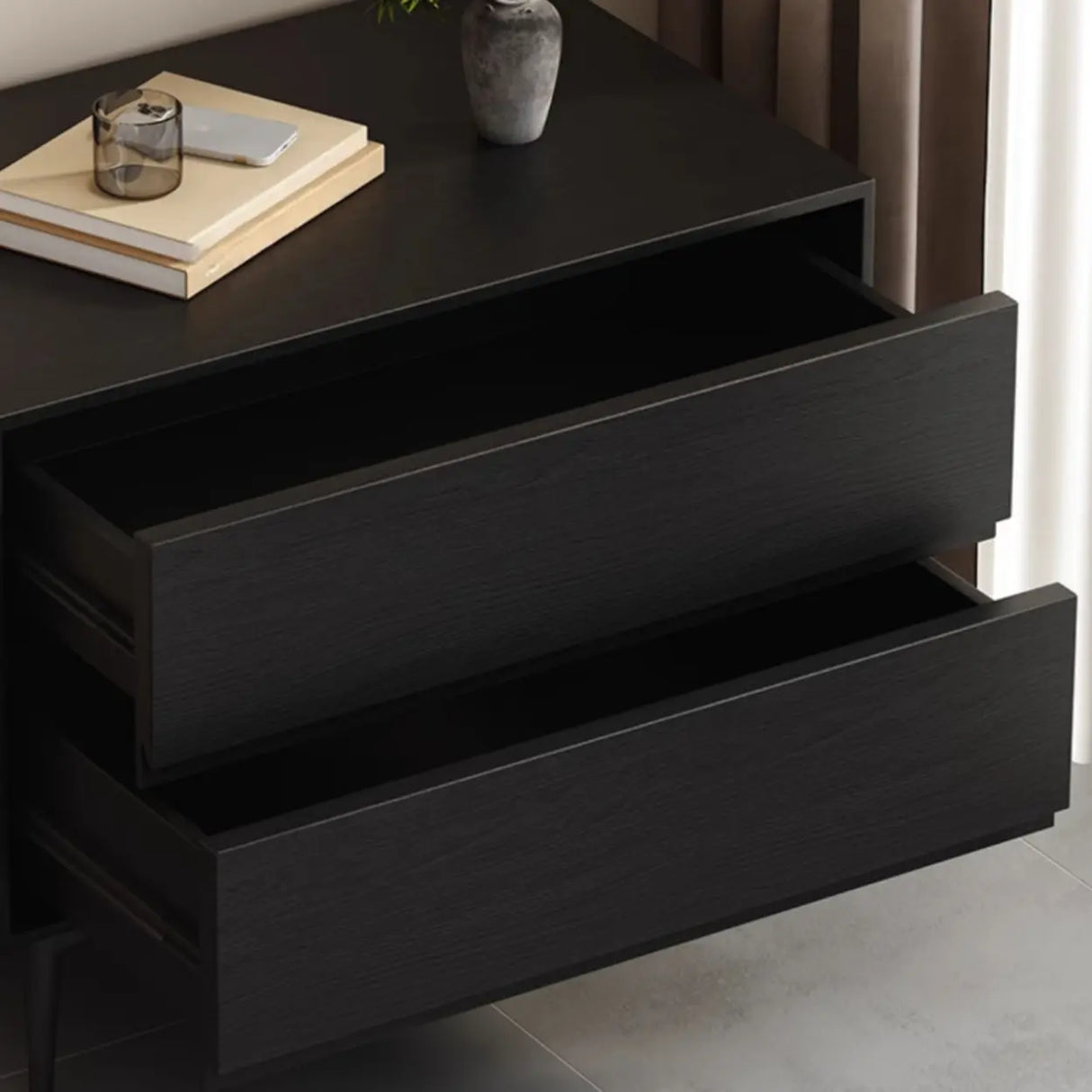 Mid-Century Modern Black 2-Drawer Wood Nightstand Image - 8