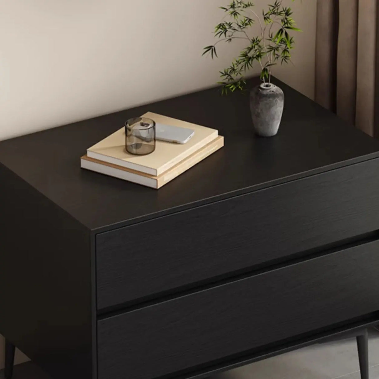 Mid-Century Modern Black 2-Drawer Wood Nightstand Image - 9