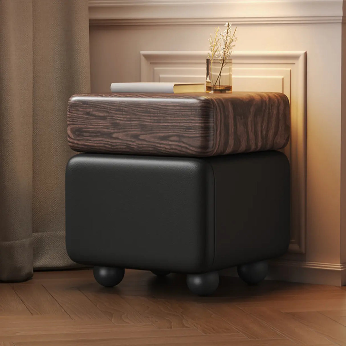 Mid-Century Modern Black Leather Wood Nightstand with Drawers Image - 1