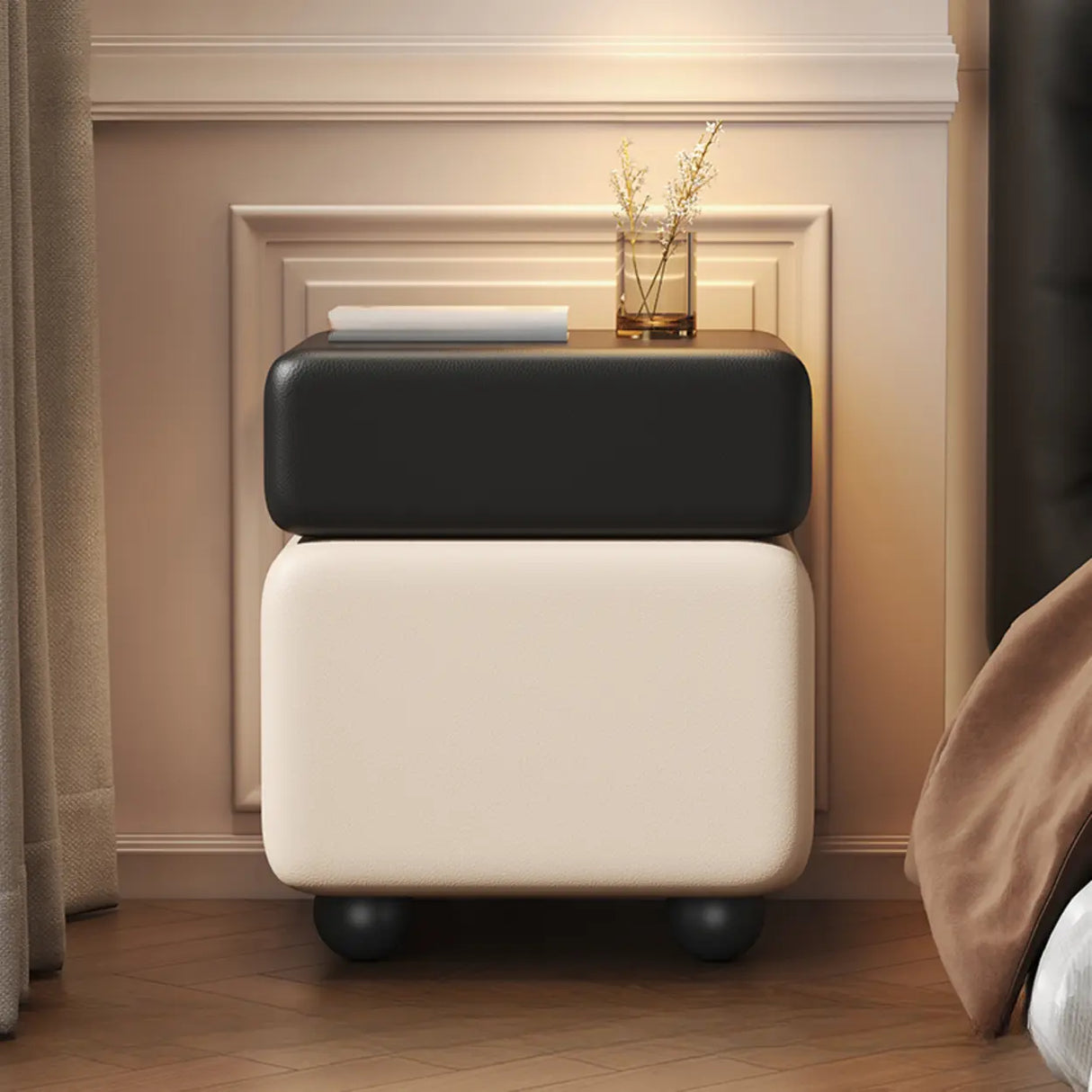 Mid-Century Modern Black Leather Wood Nightstand with Drawers Image - 11