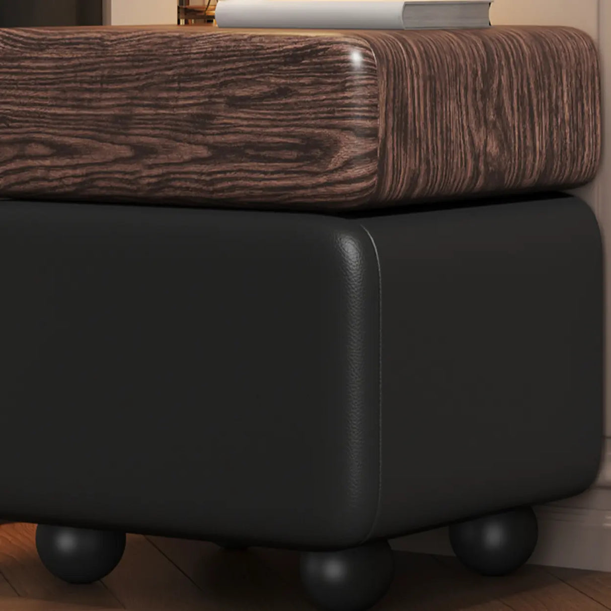 Mid-Century Modern Black Leather Wood Nightstand with Drawers Image - 13