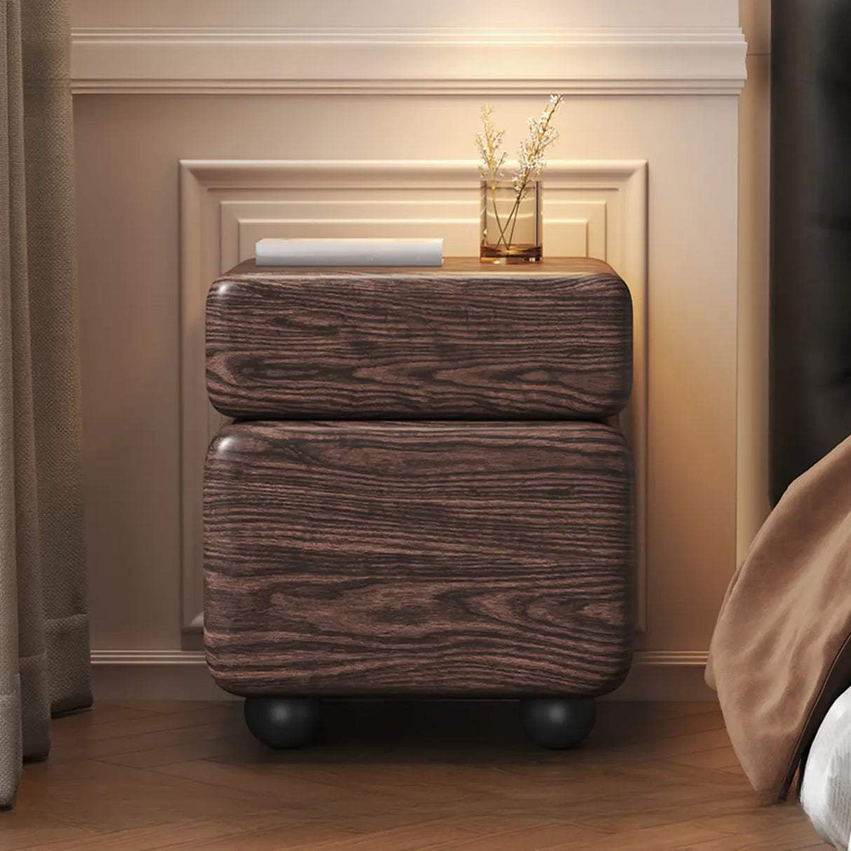 Mid-Century Modern Black Leather Wood Nightstand with Drawers Image - 2