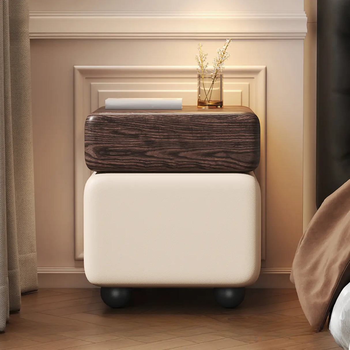 Mid-Century Modern Black Leather Wood Nightstand with Drawers Image - 3