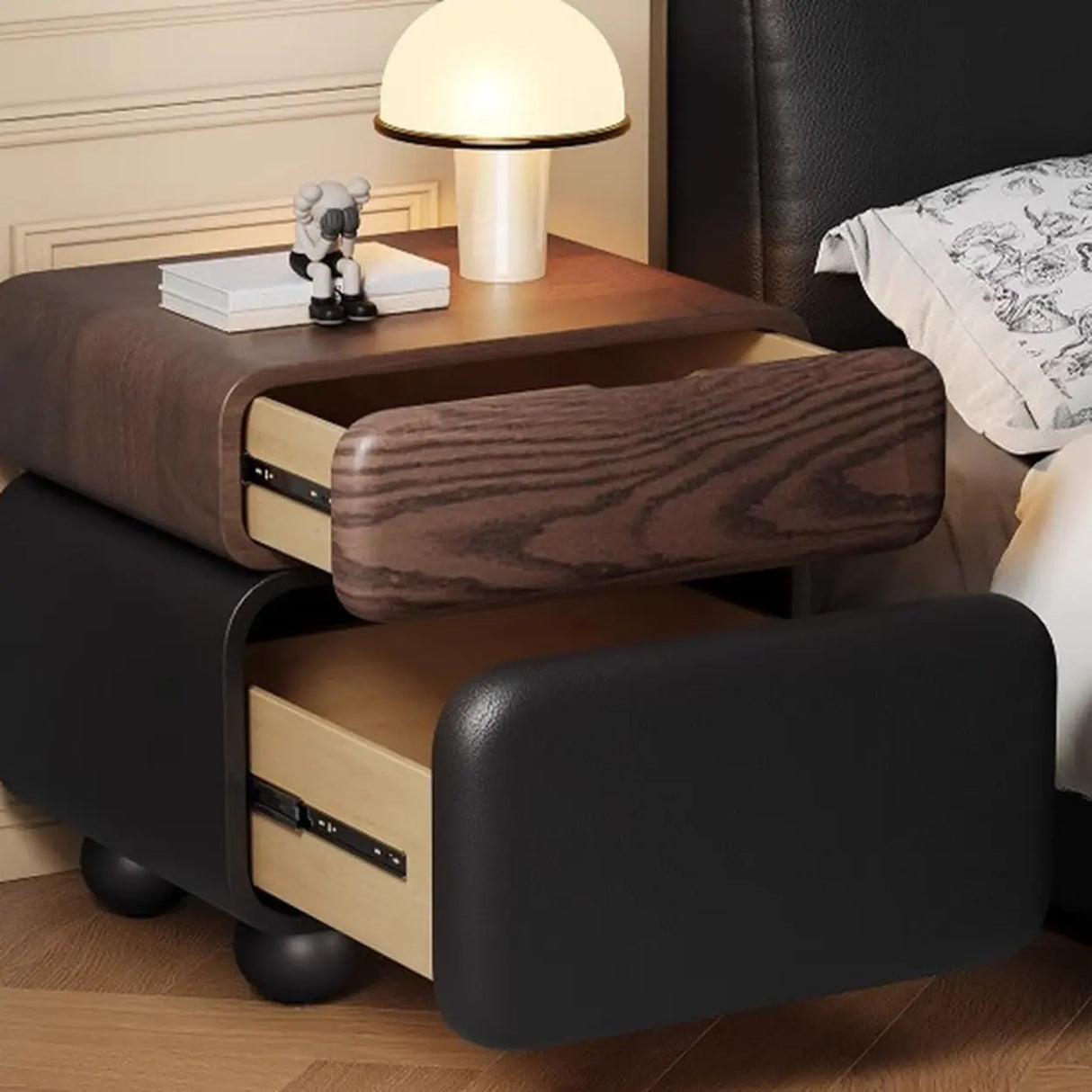 Mid-Century Modern Black Leather Wood Nightstand with Drawers Image - 4