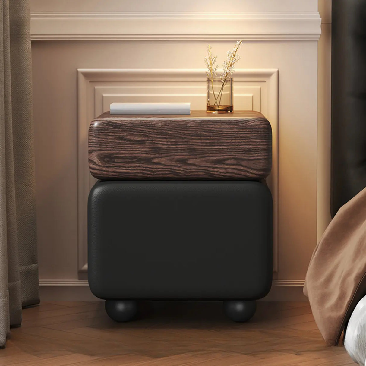 Mid-Century Modern Black Leather Wood Nightstand with Drawers Image - 5