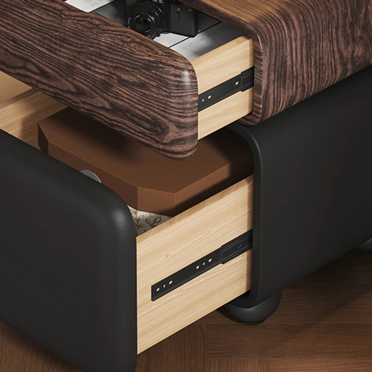 Mid-Century Modern Black Leather Wood Nightstand with Drawers Image - 6