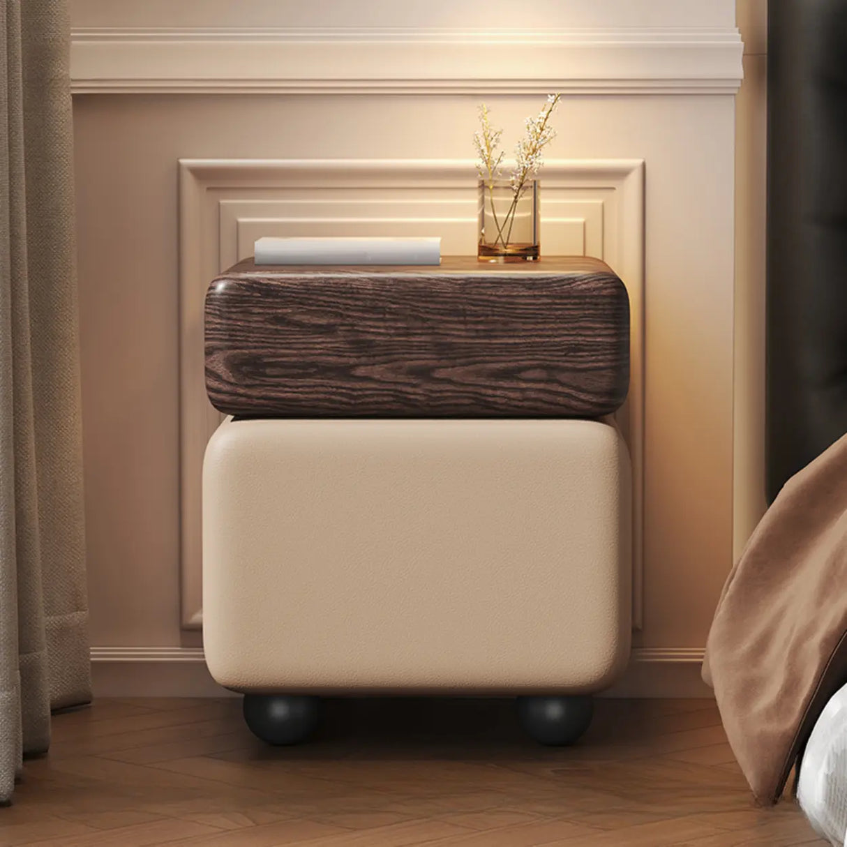 Mid-Century Modern Black Leather Wood Nightstand with Drawers Image - 7