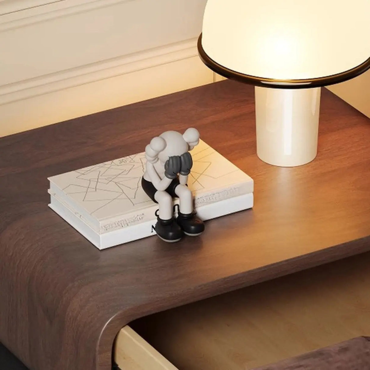 Mid-Century Modern Black Leather Wood Nightstand with Drawers Image - 8