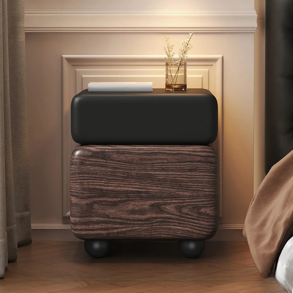 Mid-Century Modern Black Leather Wood Nightstand with Drawers Image - 9