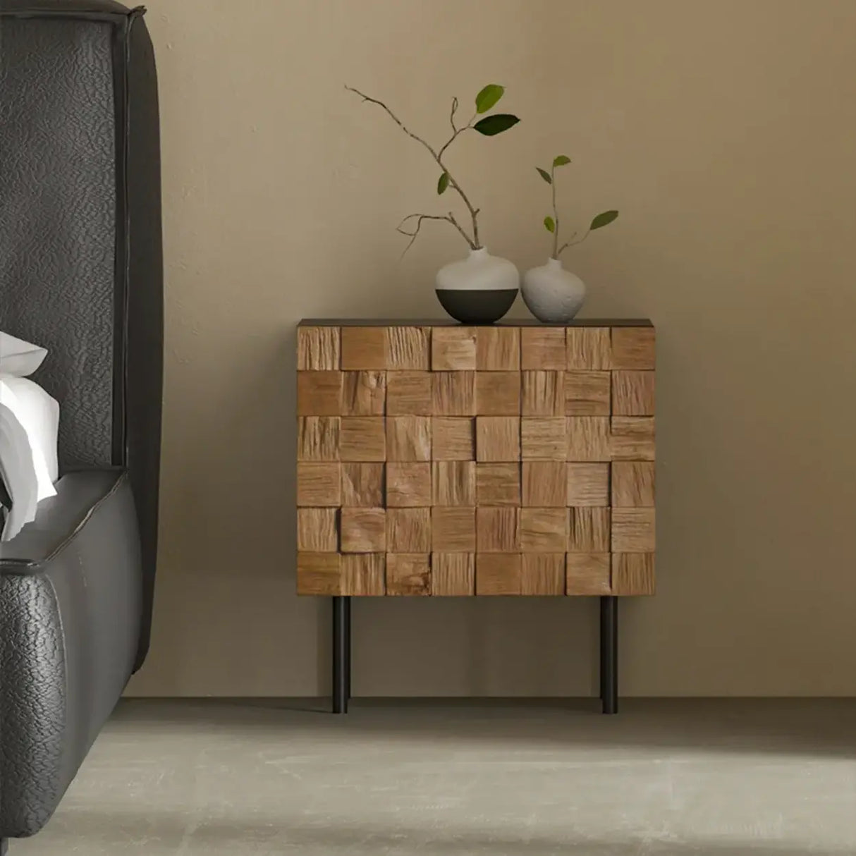 Mid-Century Modern Black Metal Leg Mosaic Wood Nightstand Image - 1