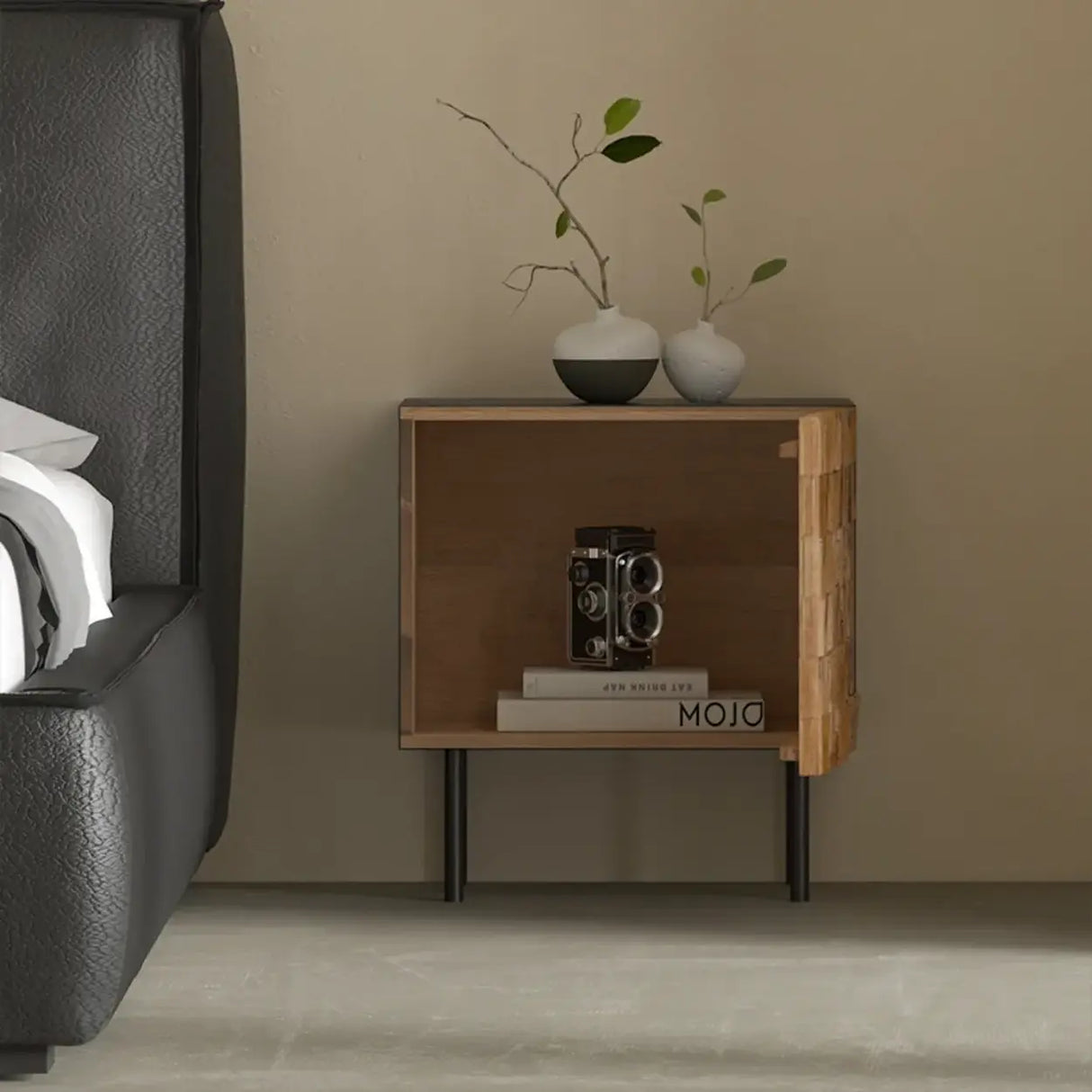 Mid-Century Modern Black Metal Leg Mosaic Wood Nightstand Image - 2