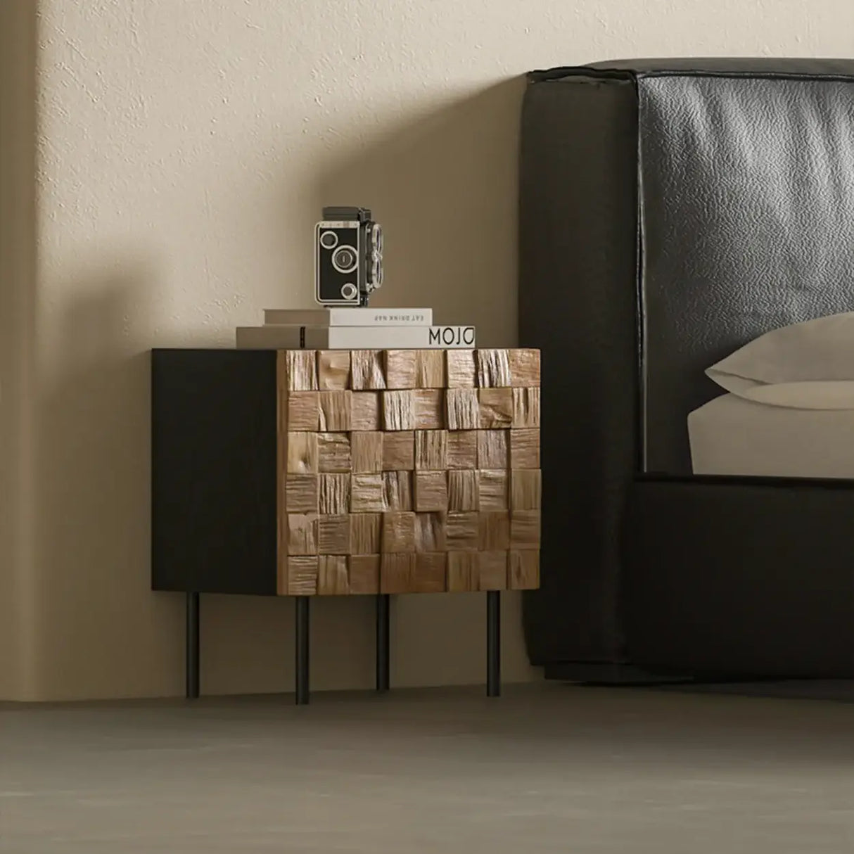 Mid-Century Modern Black Metal Leg Mosaic Wood Nightstand Image - 3