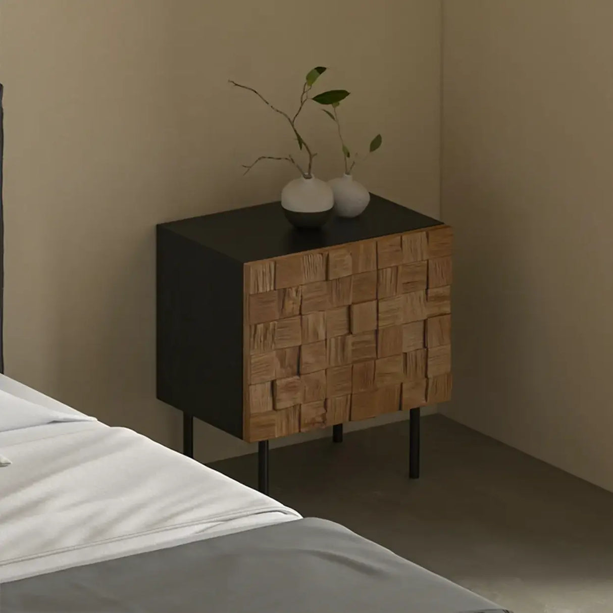 Mid-Century Modern Black Metal Leg Mosaic Wood Nightstand Image - 4