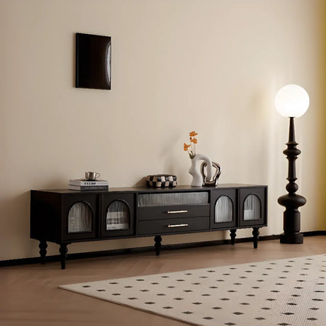 Mid-Century Modern Black TV Stand with Cabinet Glass Doors Image - 1