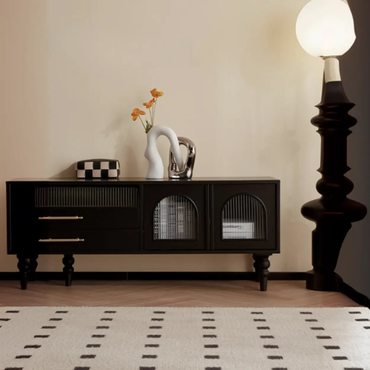 Mid-Century Modern Black TV Stand with Cabinet Glass Doors Image - 10