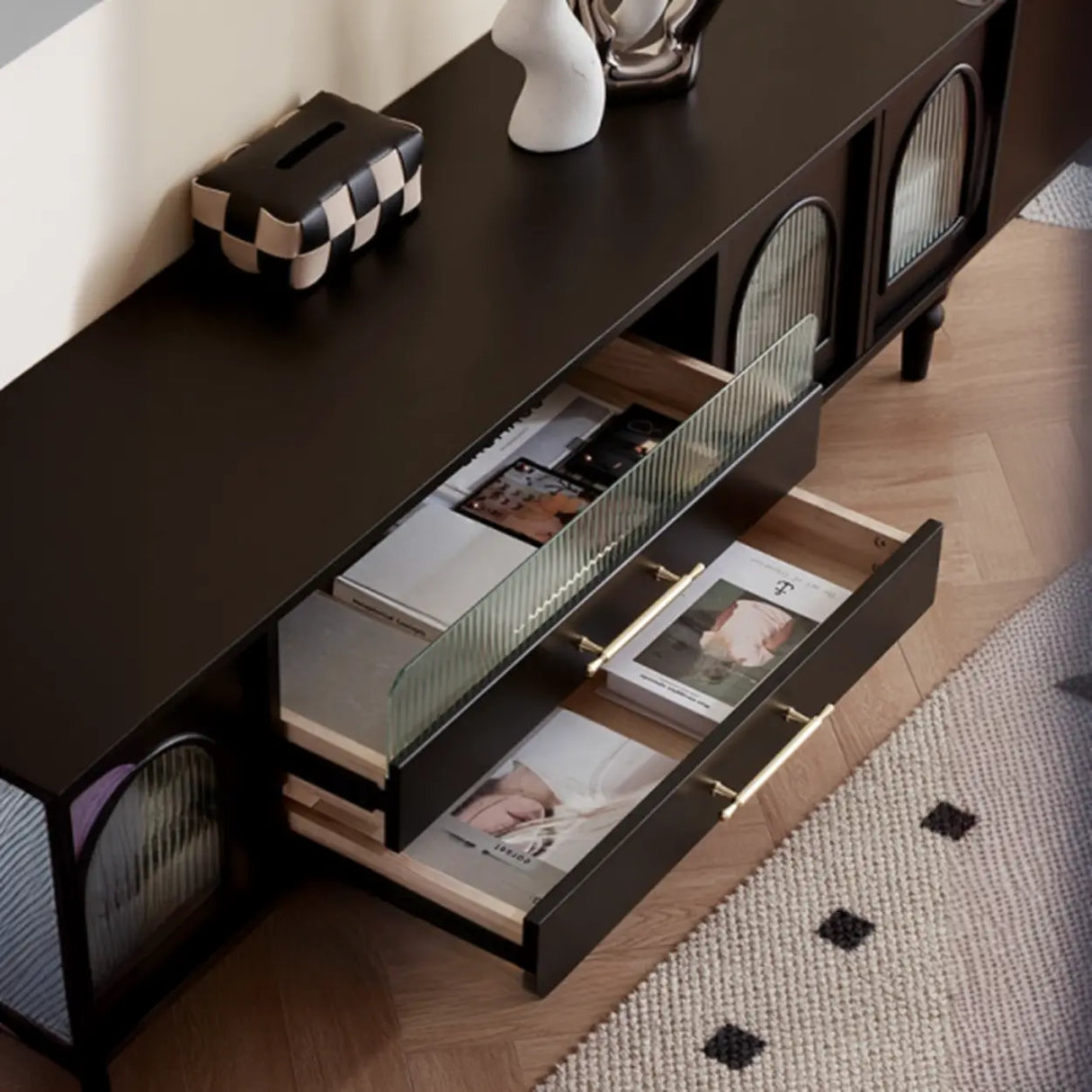 Mid-Century Modern Black TV Stand with Cabinet Glass Doors Image - 11