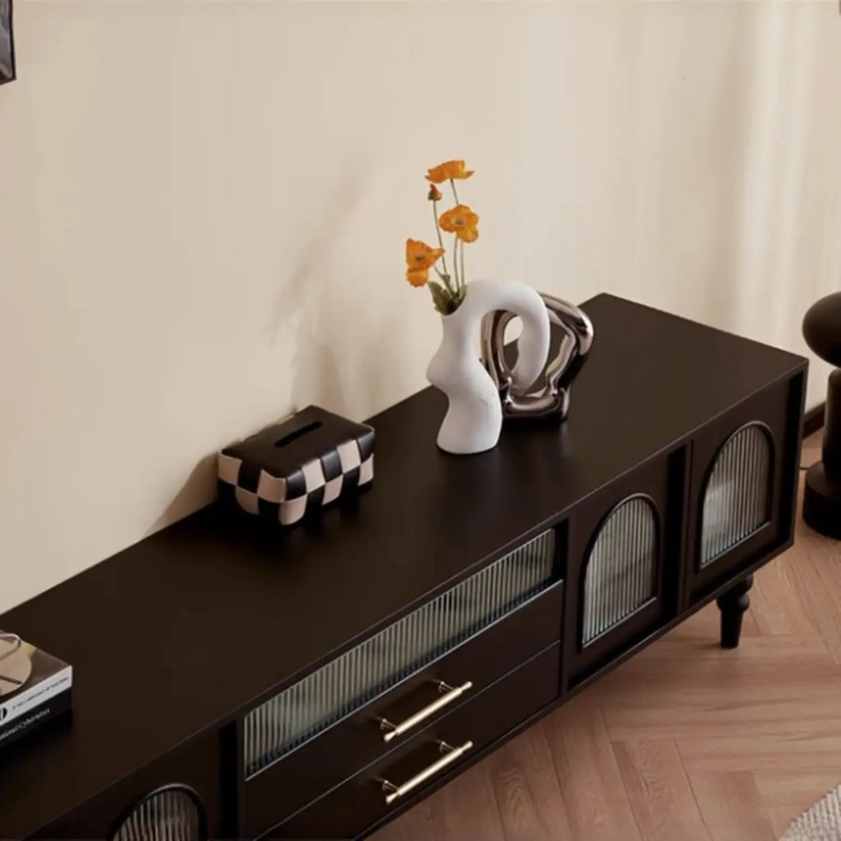 Mid-Century Modern Black TV Stand with Cabinet Glass Doors Image - 12