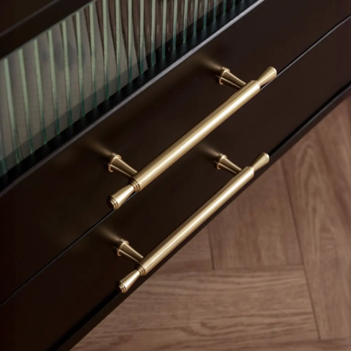 Mid-Century Modern Black TV Stand with Cabinet Glass Doors Image - 13