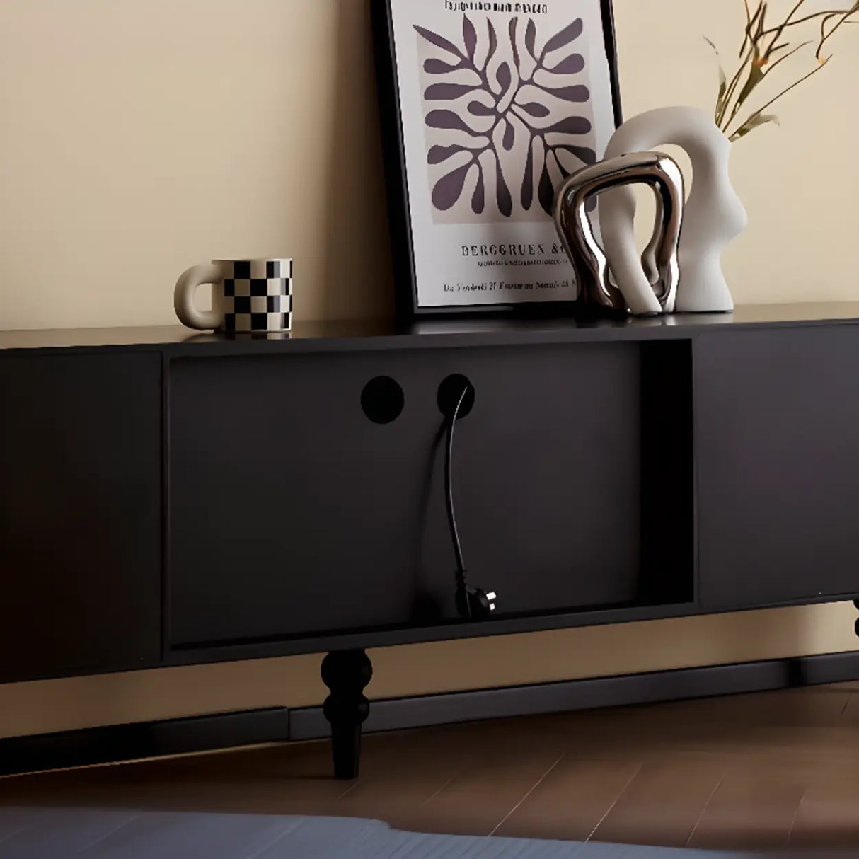 Mid-Century Modern Black TV Stand with Cabinet Glass Doors Image - 14