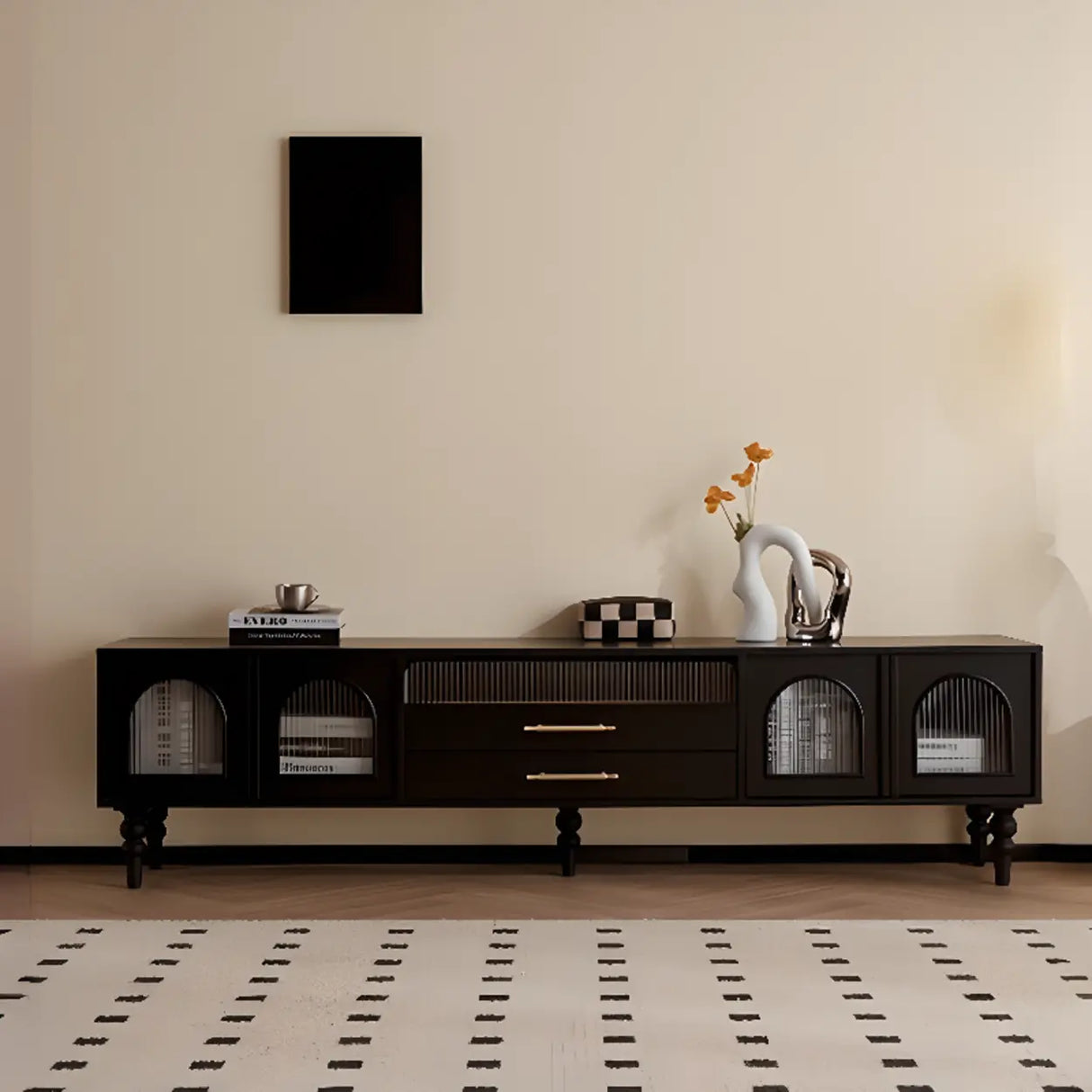 Mid-Century Modern Black TV Stand with Cabinet Glass Doors Image - 4