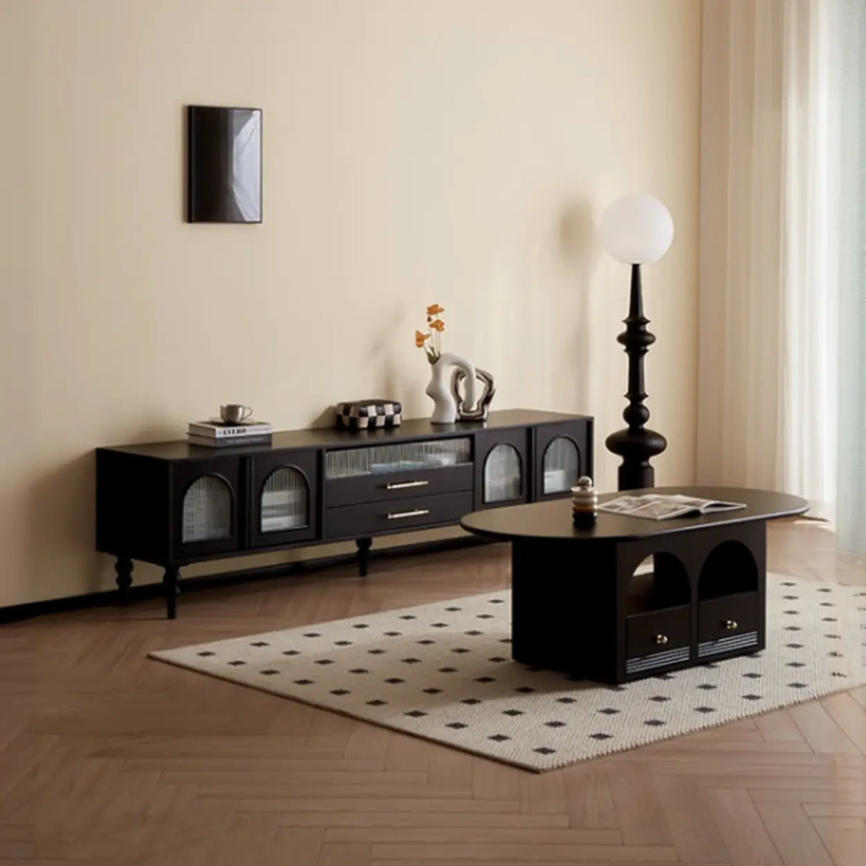 Mid-Century Modern Black TV Stand with Cabinet Glass Doors Image - 6