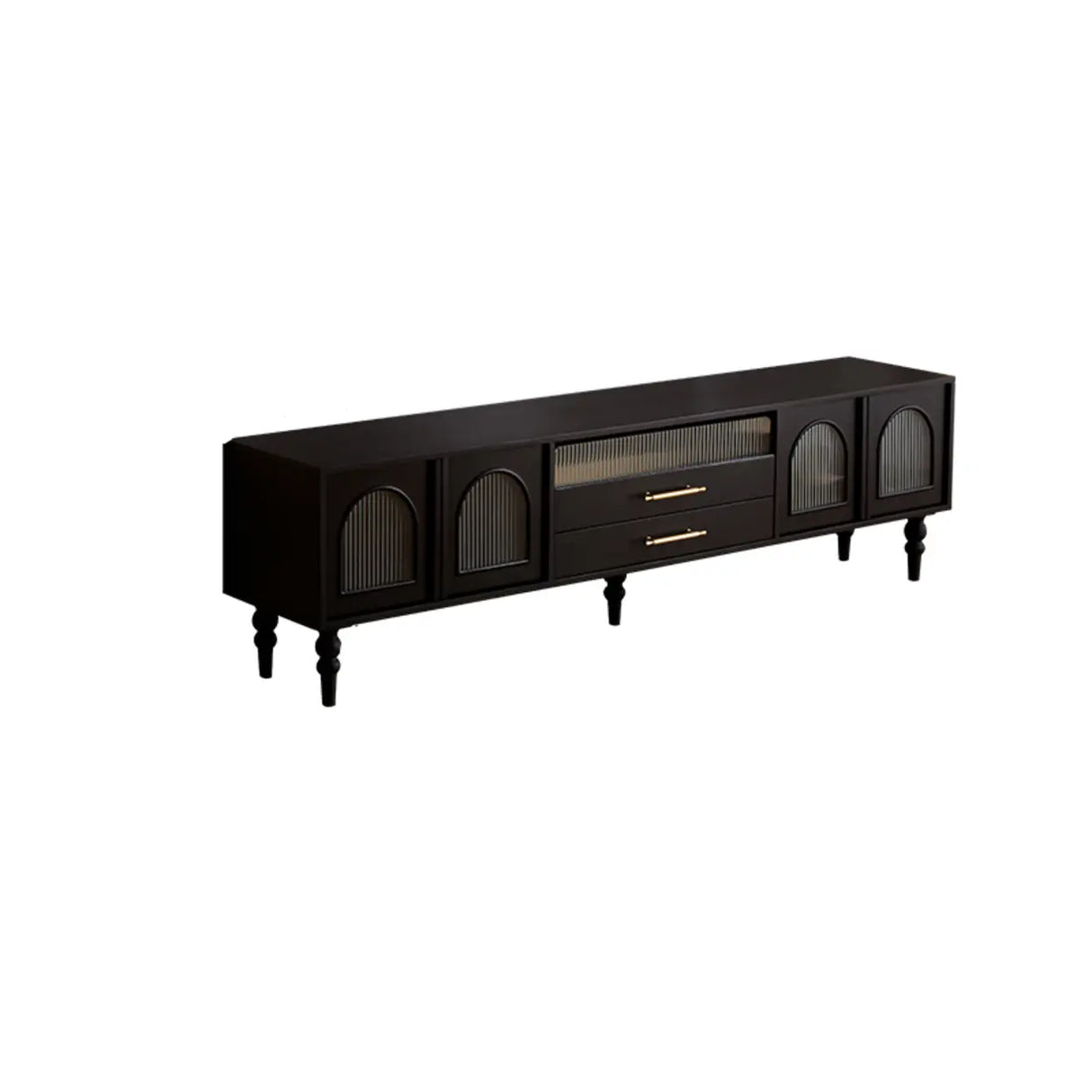 Mid-Century Modern Black TV Stand with Cabinet Glass Doors Image - 8