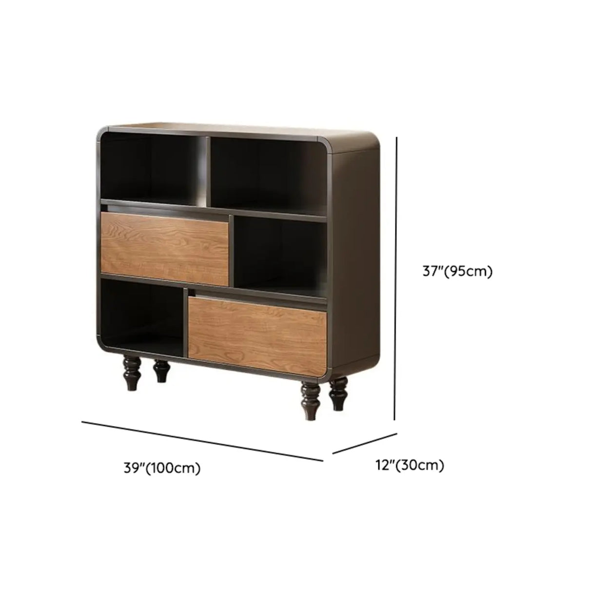 Mid-Century Modern Black Wood Door Bookcase with Drawers Image - 20