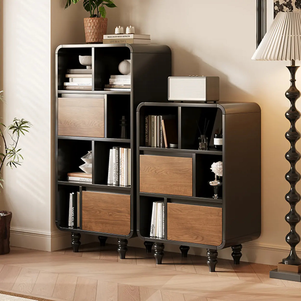 Mid-Century Modern Black Wood Door Bookcase with Drawers Image - 6