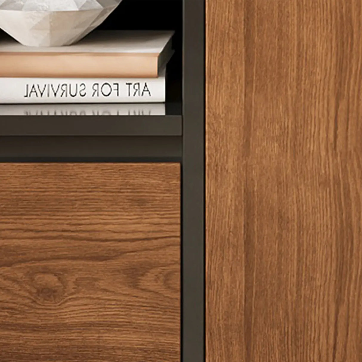 Mid-Century Modern Black Wood Door Bookcase with Drawers Image - 7