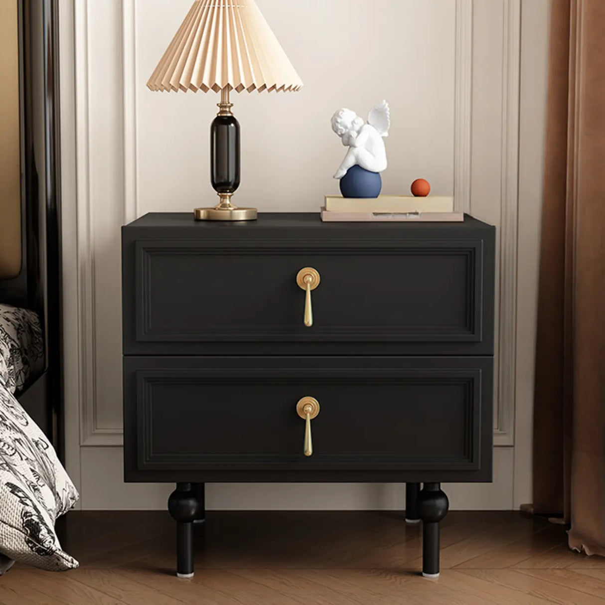 Mid-Century Modern Black Wood Nightstand with 2 Drawers Image - 1