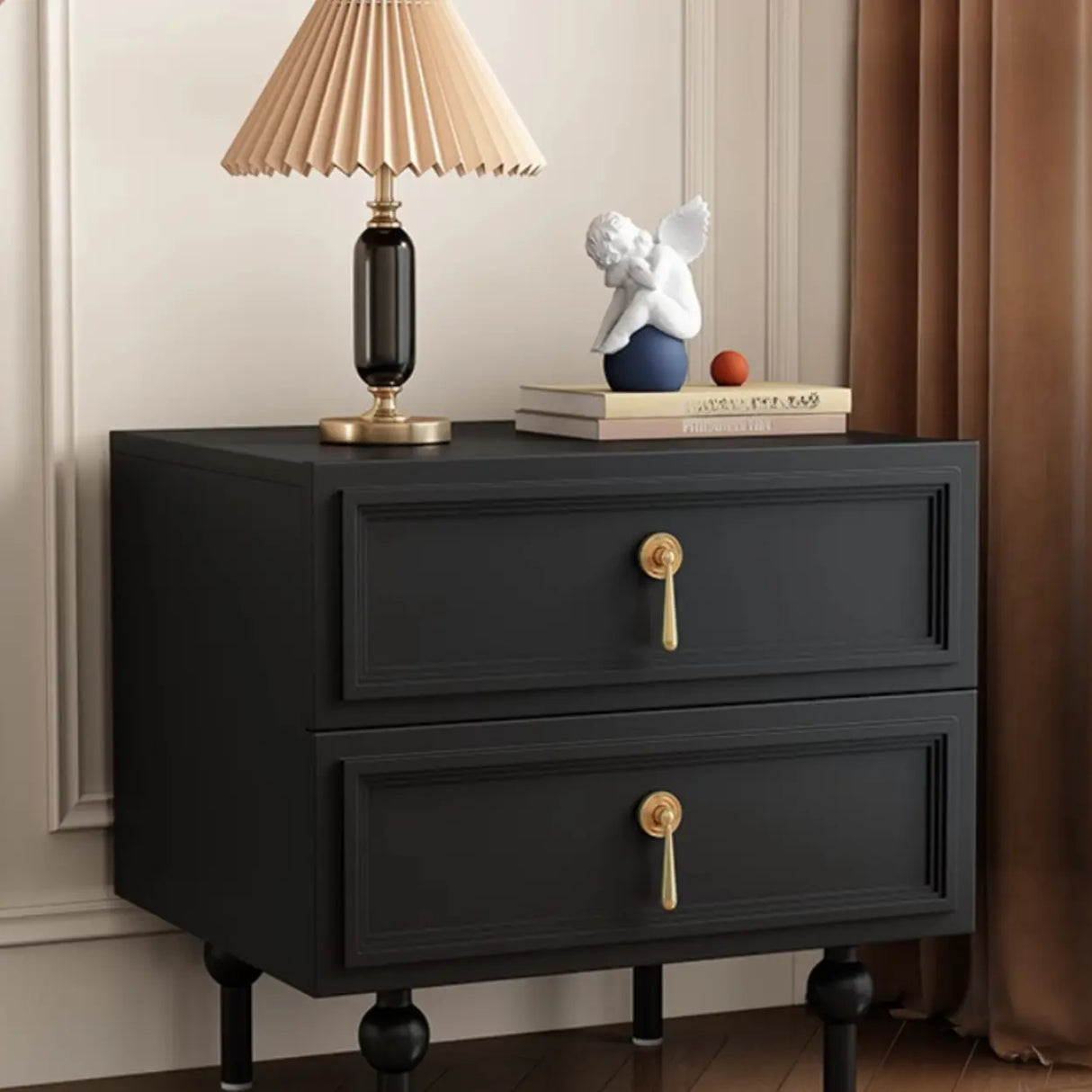 Mid-Century Modern Black Wood Nightstand with 2 Drawers Image - 10