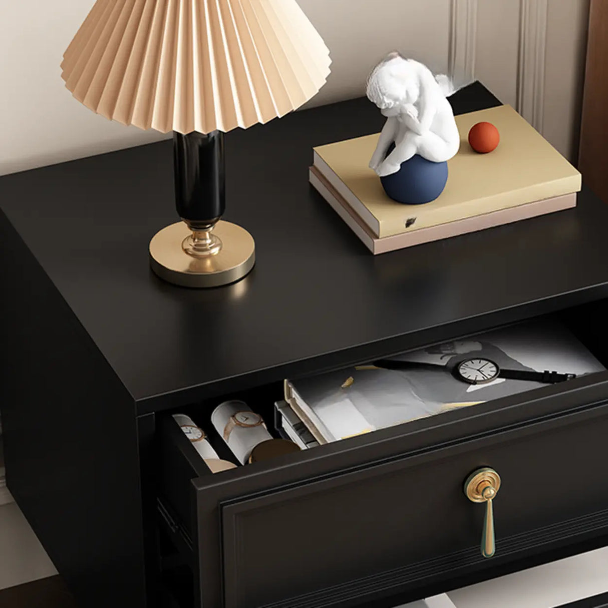 Mid-Century Modern Black Wood Nightstand with 2 Drawers Image - 12