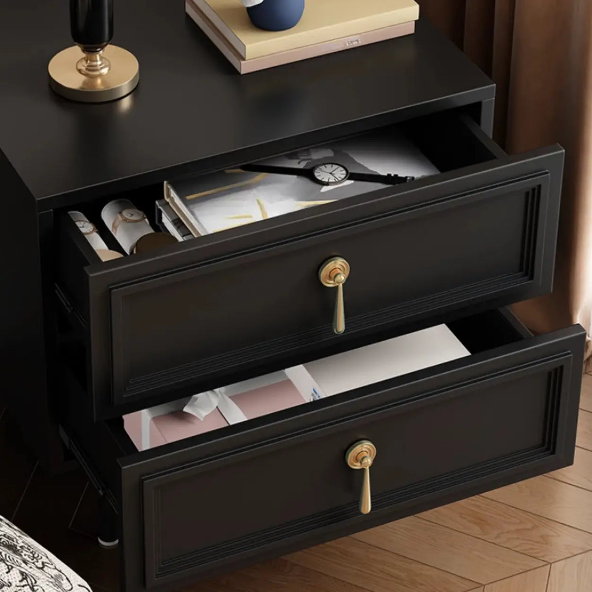 Mid-Century Modern Black Wood Nightstand with 2 Drawers Image - 13