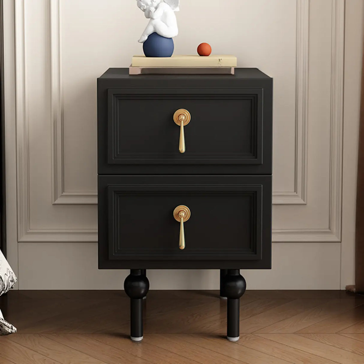 Mid-Century Modern Black Wood Nightstand with 2 Drawers Image - 2