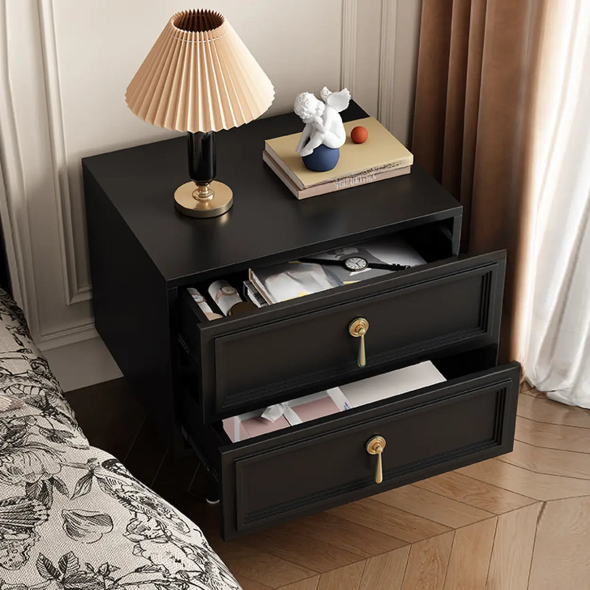 Mid-Century Modern Black Wood Nightstand with 2 Drawers Image - 4