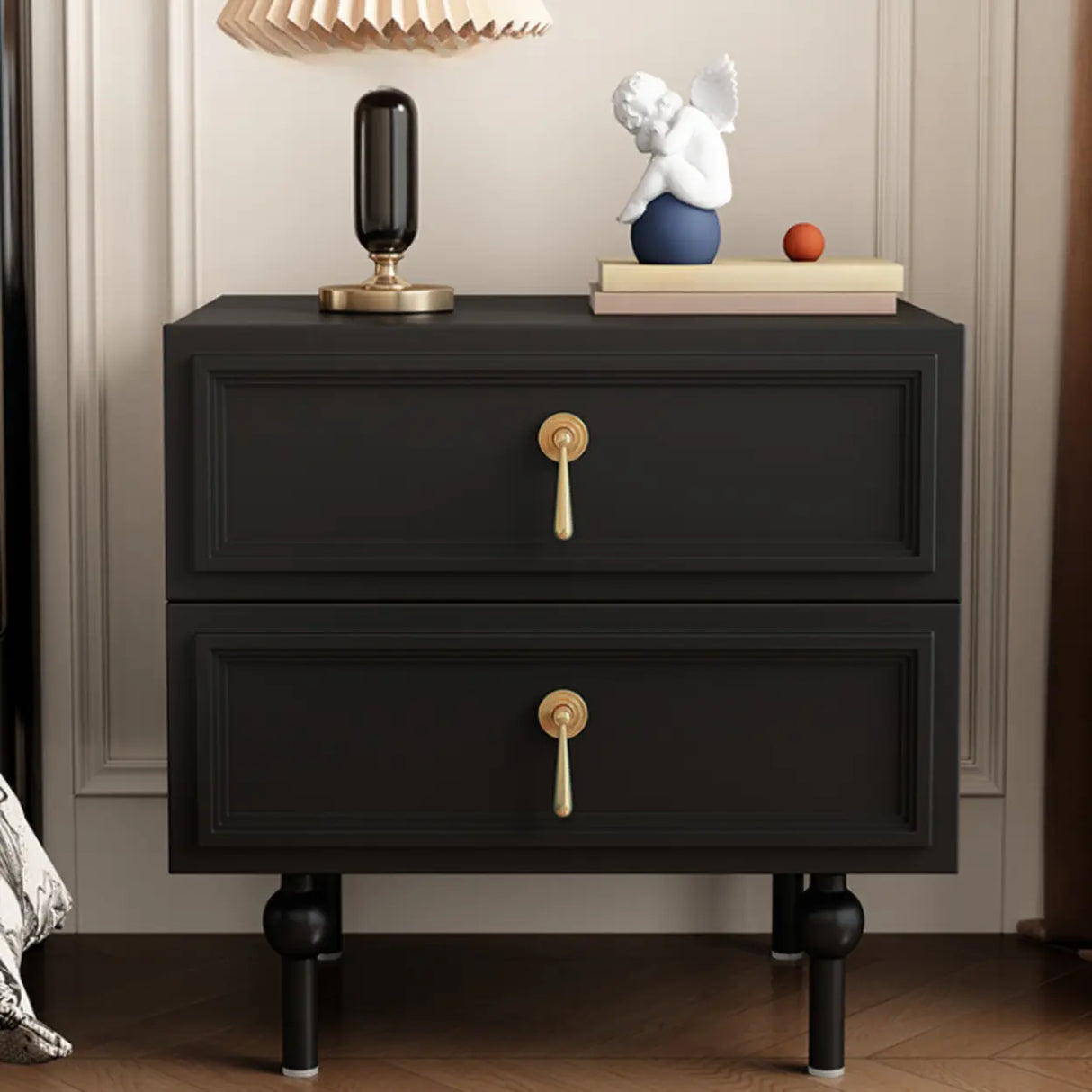 Mid-Century Modern Black Wood Nightstand with 2 Drawers Image - 6