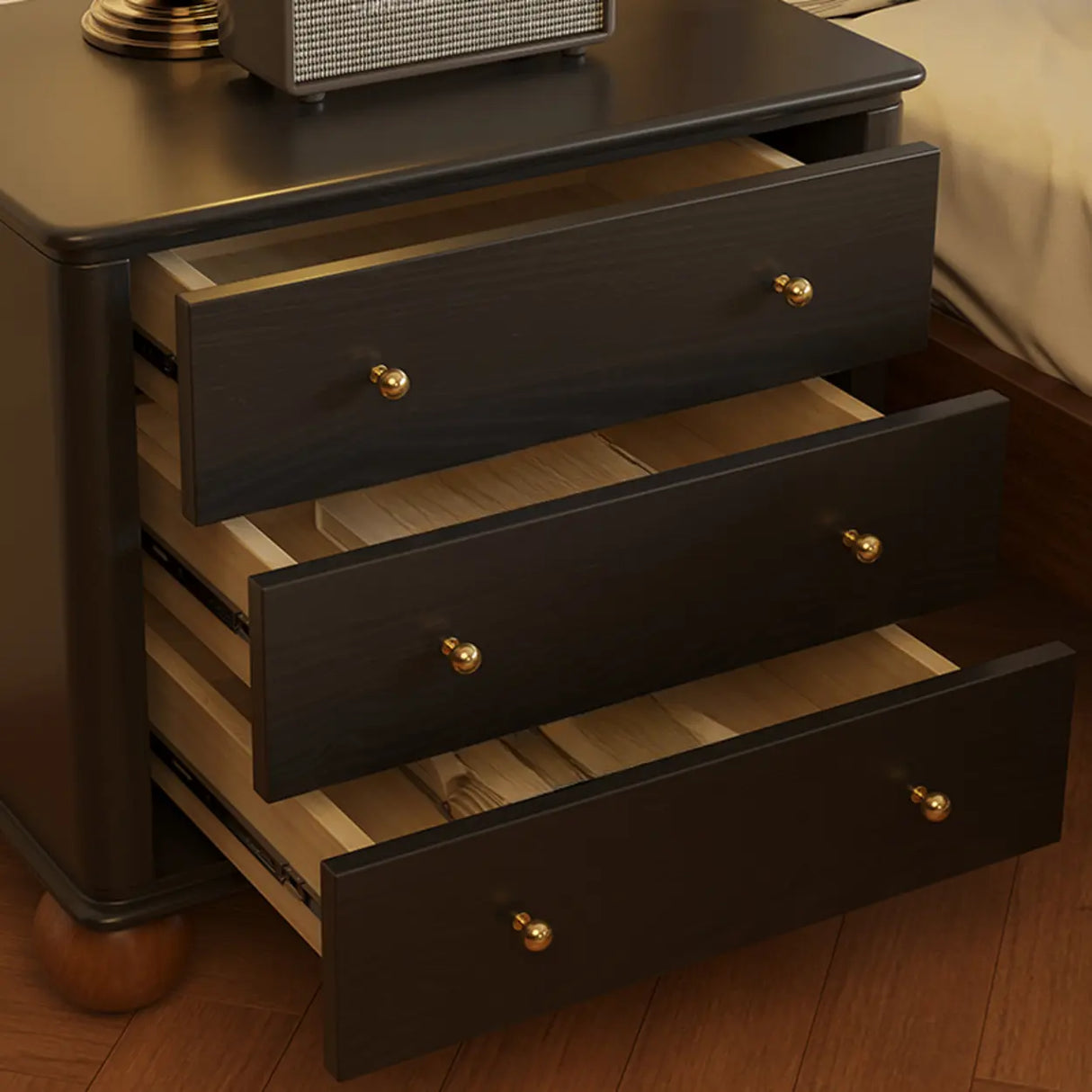 Mid-Century Modern Black Wood Nightstand with Drawers Image - 6