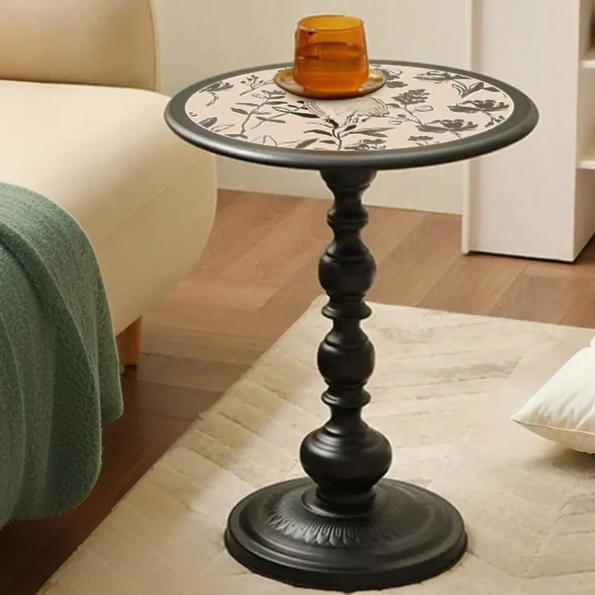 Mid-Century Modern Black Wood Round Pedestal Side Table Image - 1
