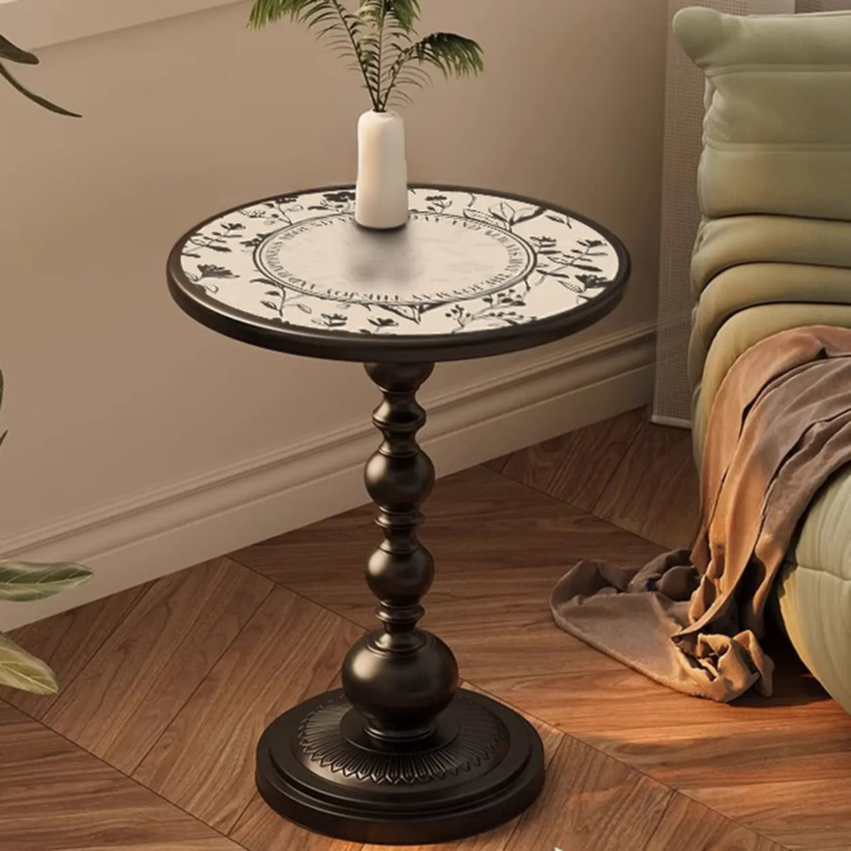 Mid-Century Modern Black Wood Round Pedestal Side Table Image - 2