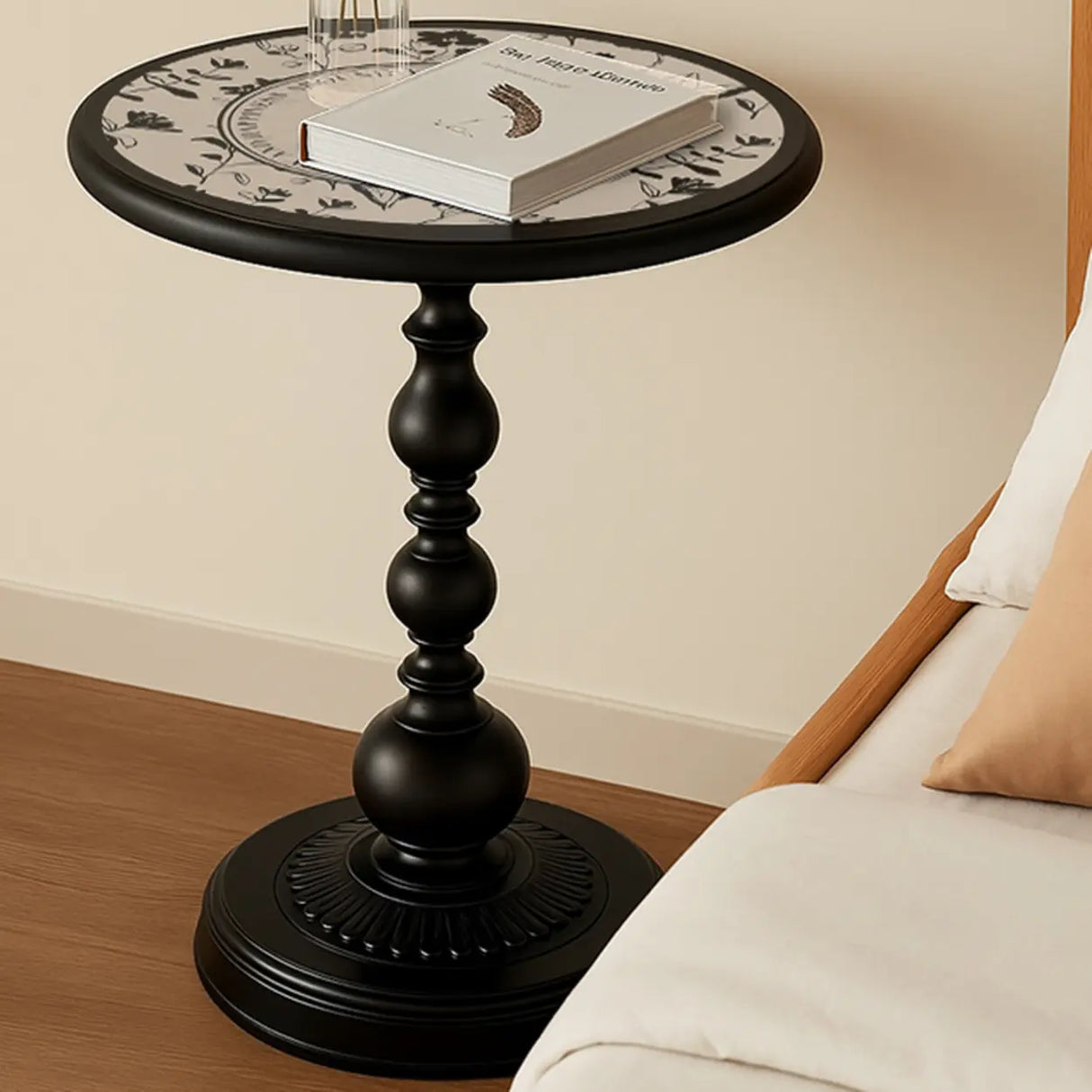 Mid-Century Modern Black Wood Round Pedestal Side Table Image - 3